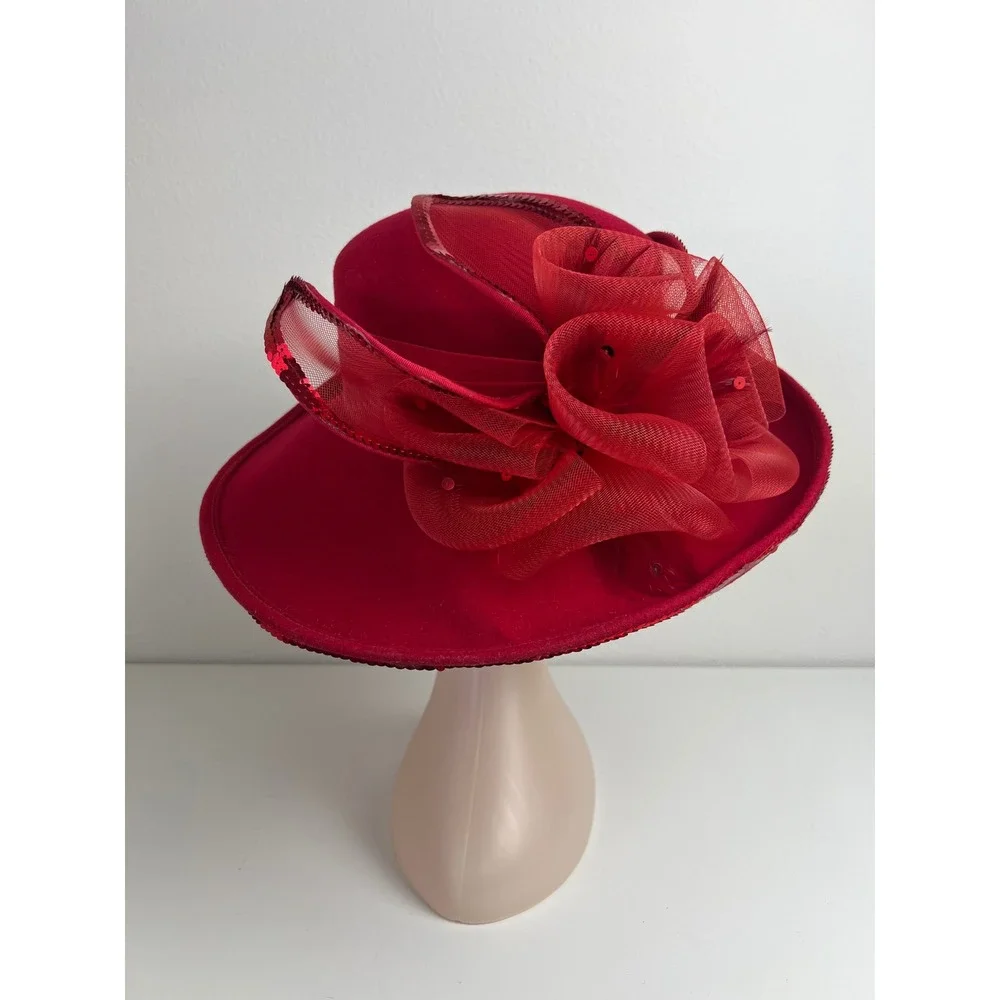 Vintage Deborah Fashions Red 100% Wool Church Formal Derby Wide Brim Hat USA